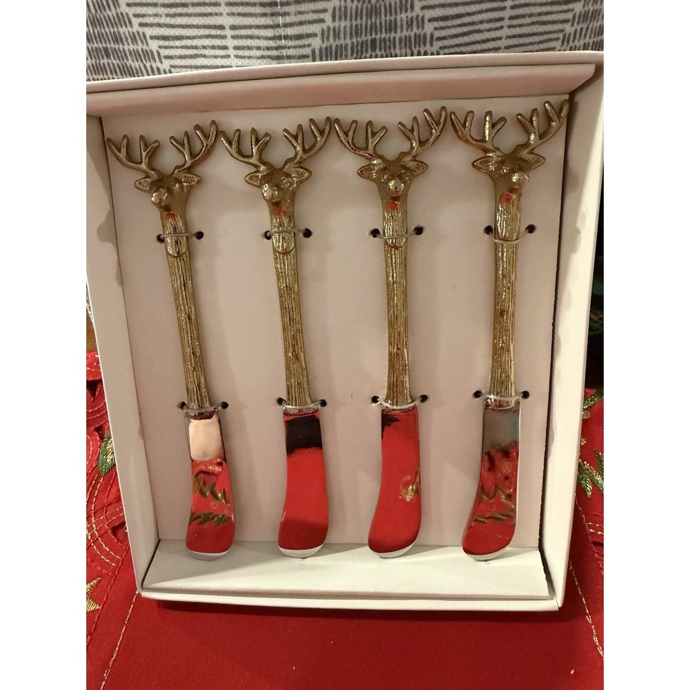 Peura Zodax Stag's Head Reindeer Butter Knives Appetizer Spreader NEW Set Of 4